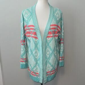 Rolypoly Aqua and Coral Aztec Patterned Open Front Knit Cardigan Women's M